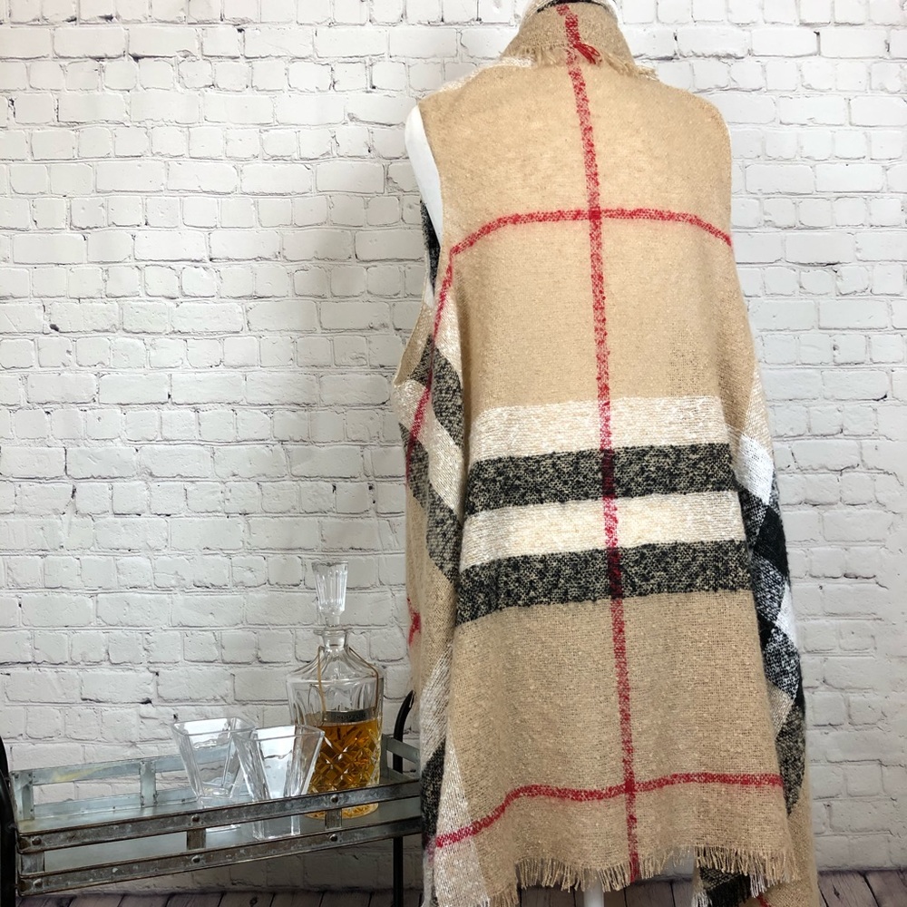 O diva Odiva Plaid Open Weave Vest Beige/BLK/Red - Picture 4 of 8